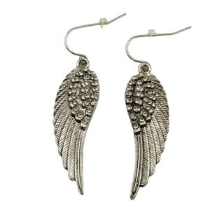 Angel Wings Earrings Silver Tone Textured Dangle Mobwife Mob Wife